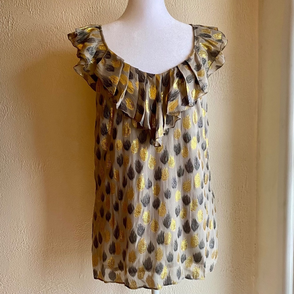 Anthropologie Liefsdottir silk top in pale grey, gold and charcoal Size 8